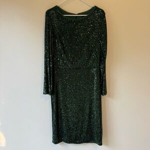 Xscape Sequin Dress Green Long Sleeve Midi Party Cocktail Size 14